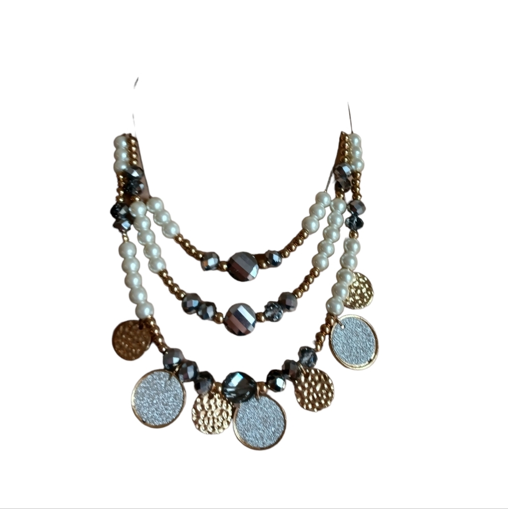 Multicolor Beaded Three Layer Choker Necklace Metallic Wire With Clasp